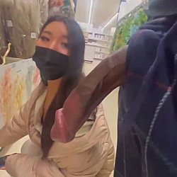 Hot Asian jerks off her BBC in the store and ends up eating it in the car