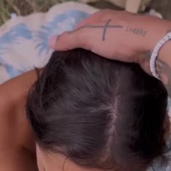 Busty babe sucks big dick outdoors